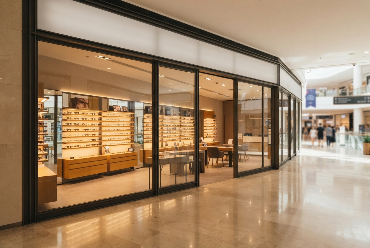 Glass-fronted eyewear store with illuminated eyeglass displays inside a polished shopping mall.