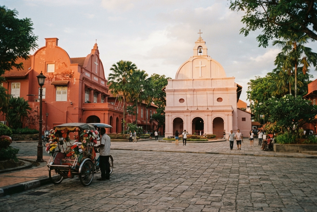 Colonial plaza with a peach church, terracotta buildings, tropical trees, pedestrians, and a flower-decorated pedicab.