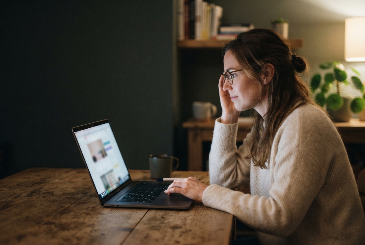 Woman in glasses works on a laptop at a wooden table in a warmly lit room.