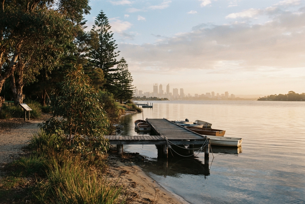 Calm waterfront with moored boats, a wooded shore, and a hazy city skyline at sunset.
