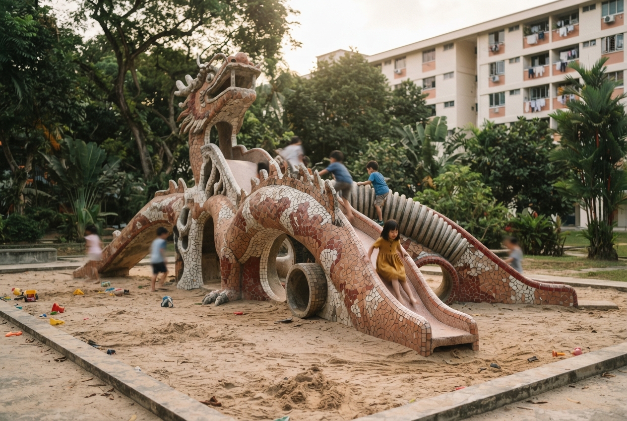 Children play on a tiled dragon-shaped playground with slides in a sandy tropical courtyard.