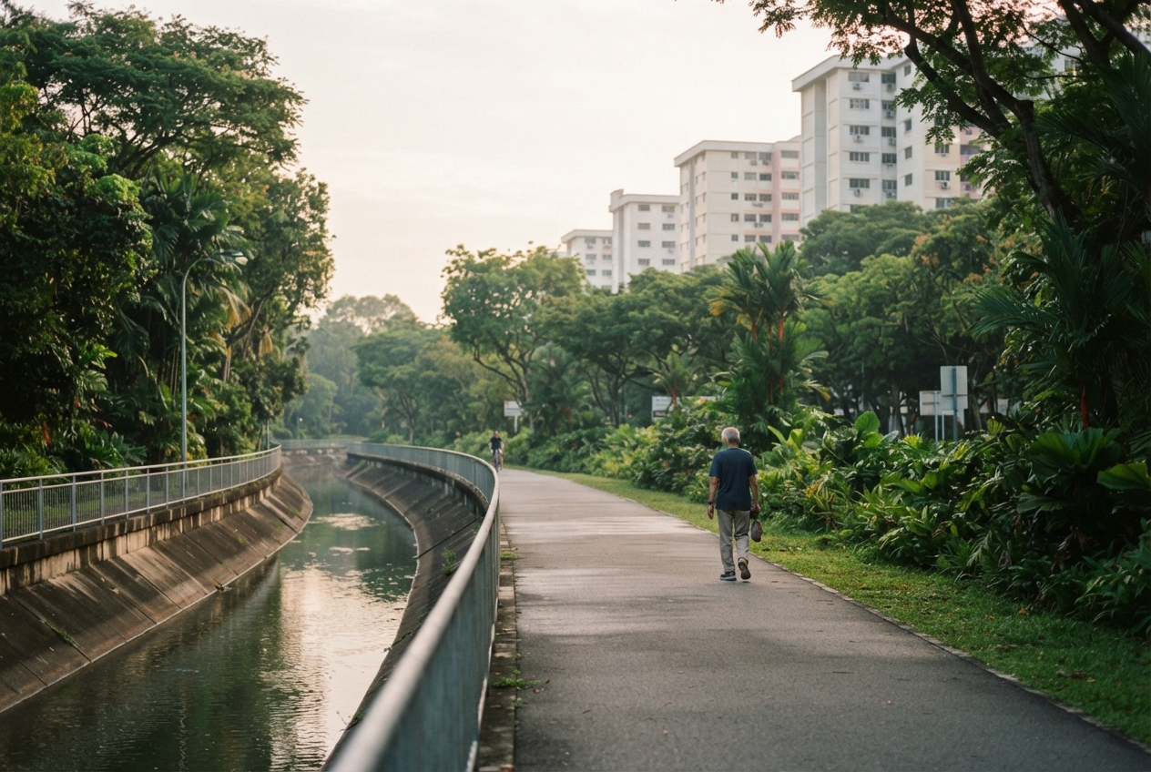 Tropical canal path with two walkers, dense greenery, and tall apartment buildings in the background.