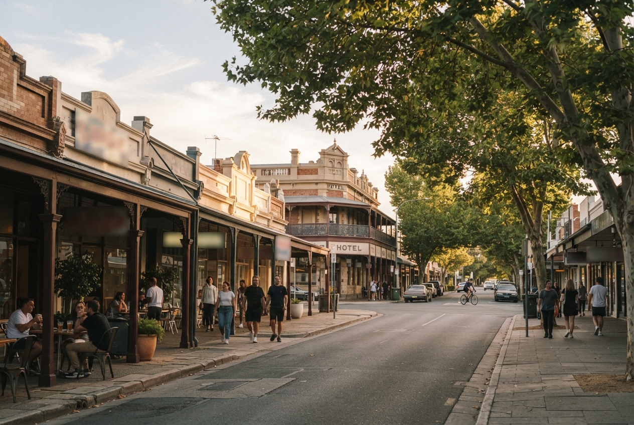 Tree-lined historic shopping street with cafés, pedestrians, parked cars, a cyclist, and a building marked “HOTEL.”