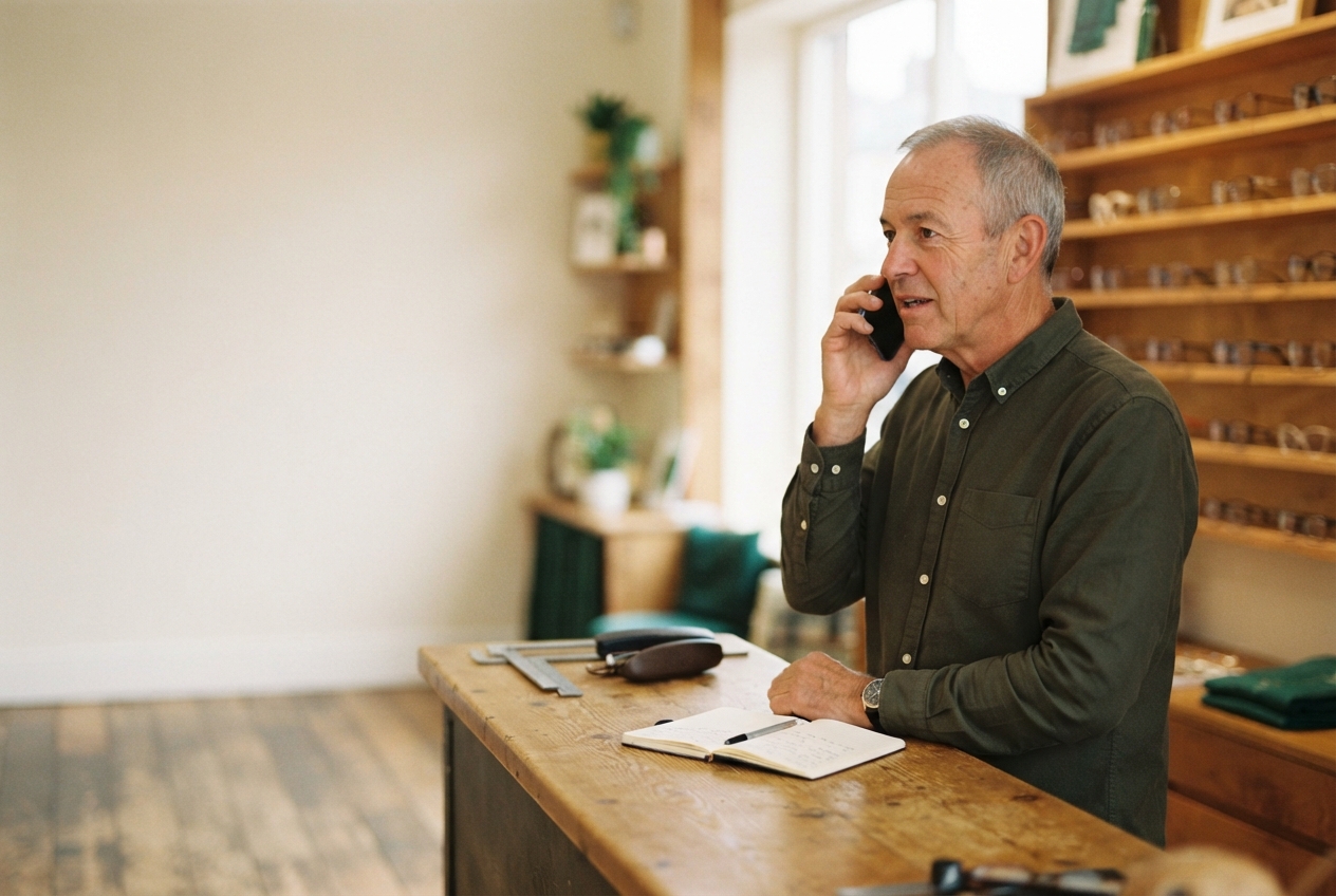 Gray-haired man talks on a smartphone behind a wooden counter in a warmly lit shop with shelves of optical items.