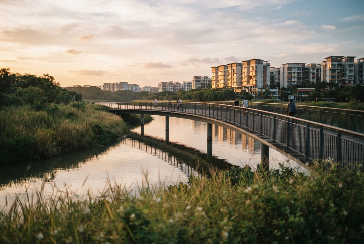 Pedestrians cross a curved bridge over a reflective canal beside apartment buildings at sunset.