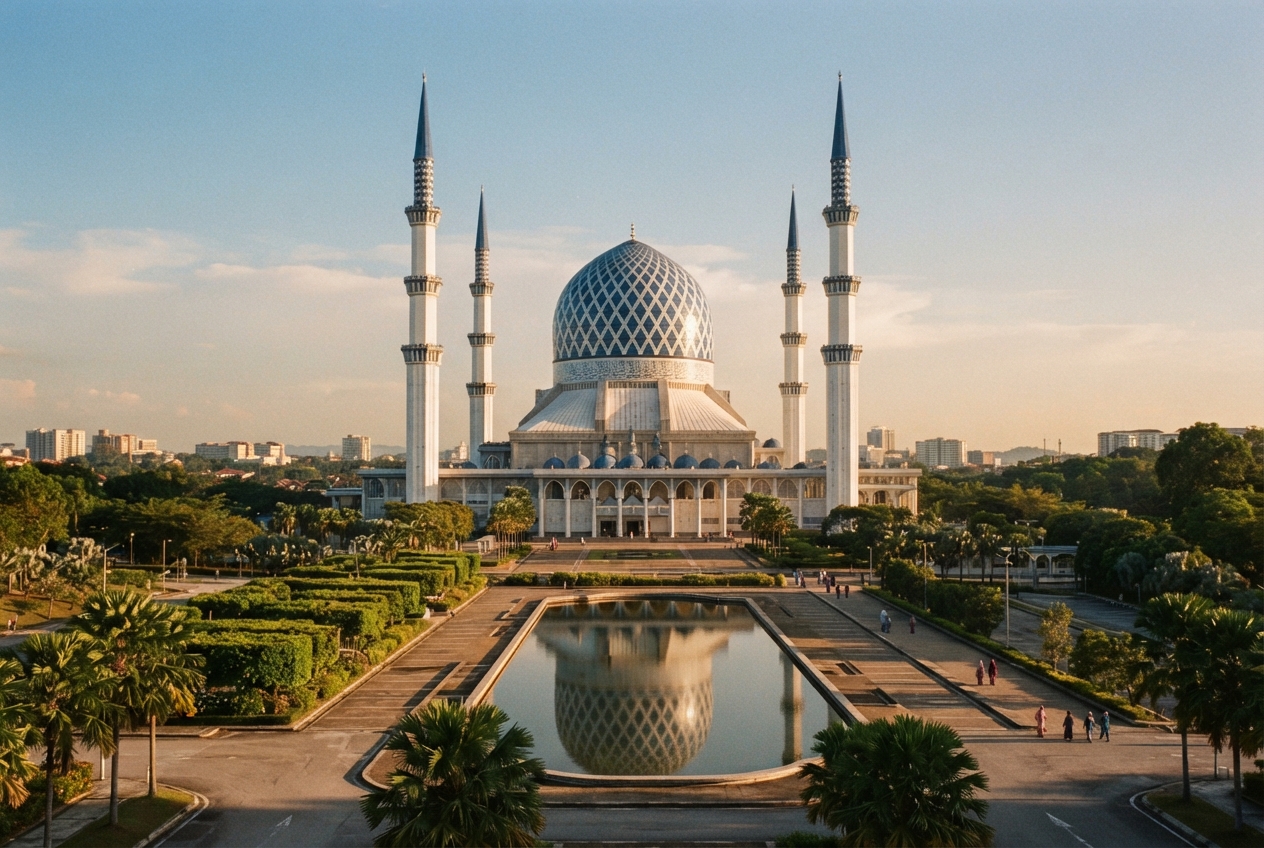 Symmetrical white mosque with a patterned dome, four minarets, gardens, and a reflecting pool at sunset.