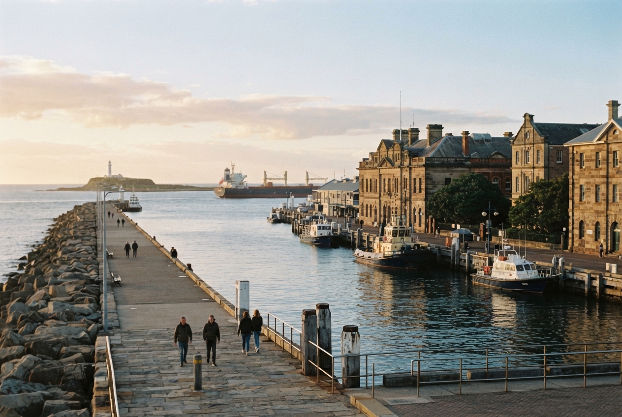 Warmly lit harbor with a stone pier, pedestrians, moored boats, historic waterfront buildings, cargo ship, and distant lighthouse.