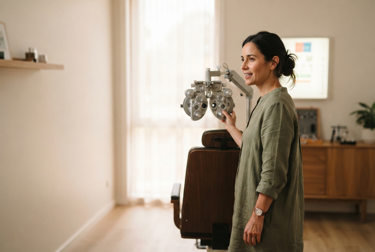 Optometrist standing beside an examination chair and adjusting a phoropter in a sunlit office.