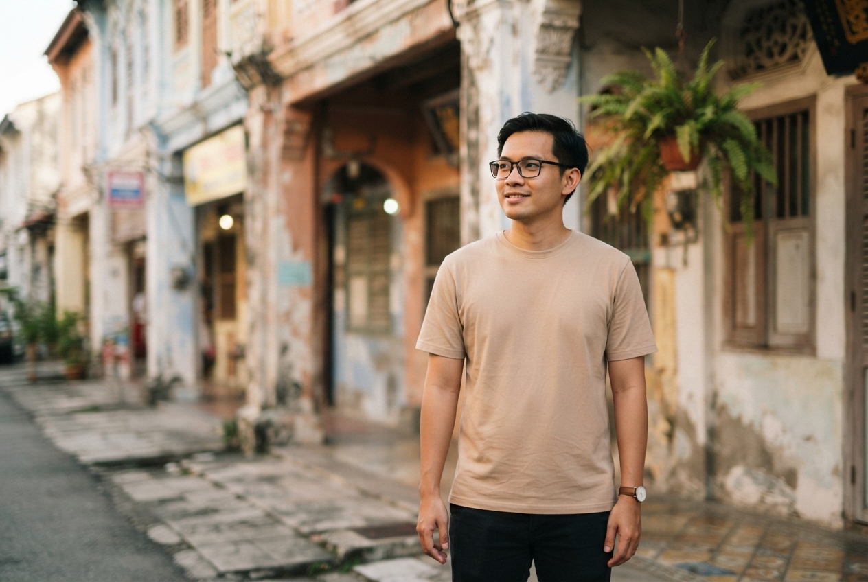 Man in glasses and a beige shirt standing on a weathered historic street beside a fern.