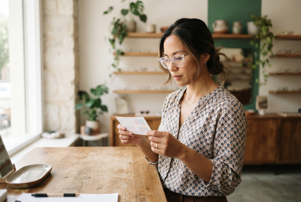 Woman in glasses reads a small paper card at a wooden table in a plant-filled interior.