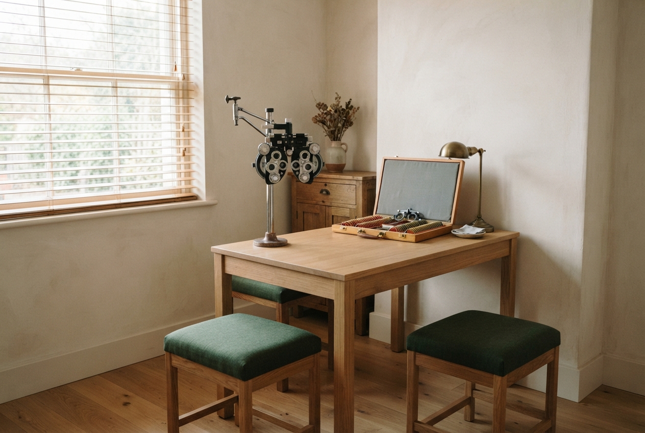 Vintage eye-testing equipment, an open lens case, and green stools in a sunlit optometry room.