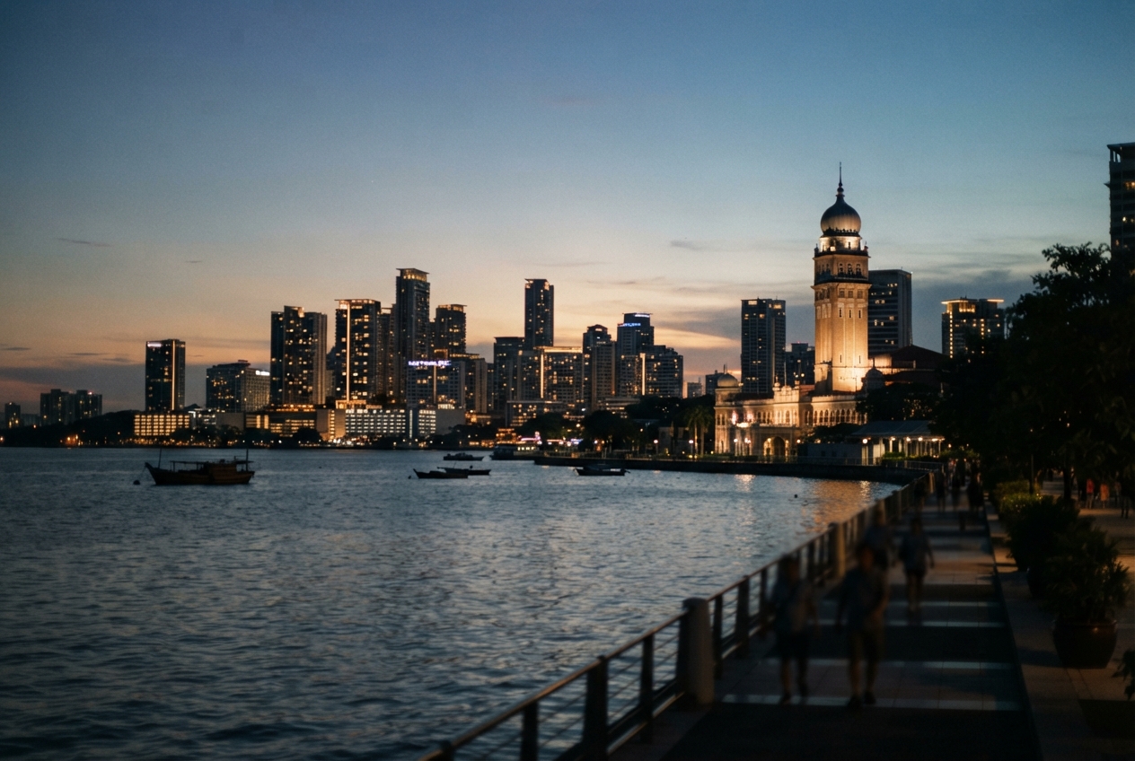Dusk waterfront promenade with boats, a lit historic domed tower, and a modern city skyline.