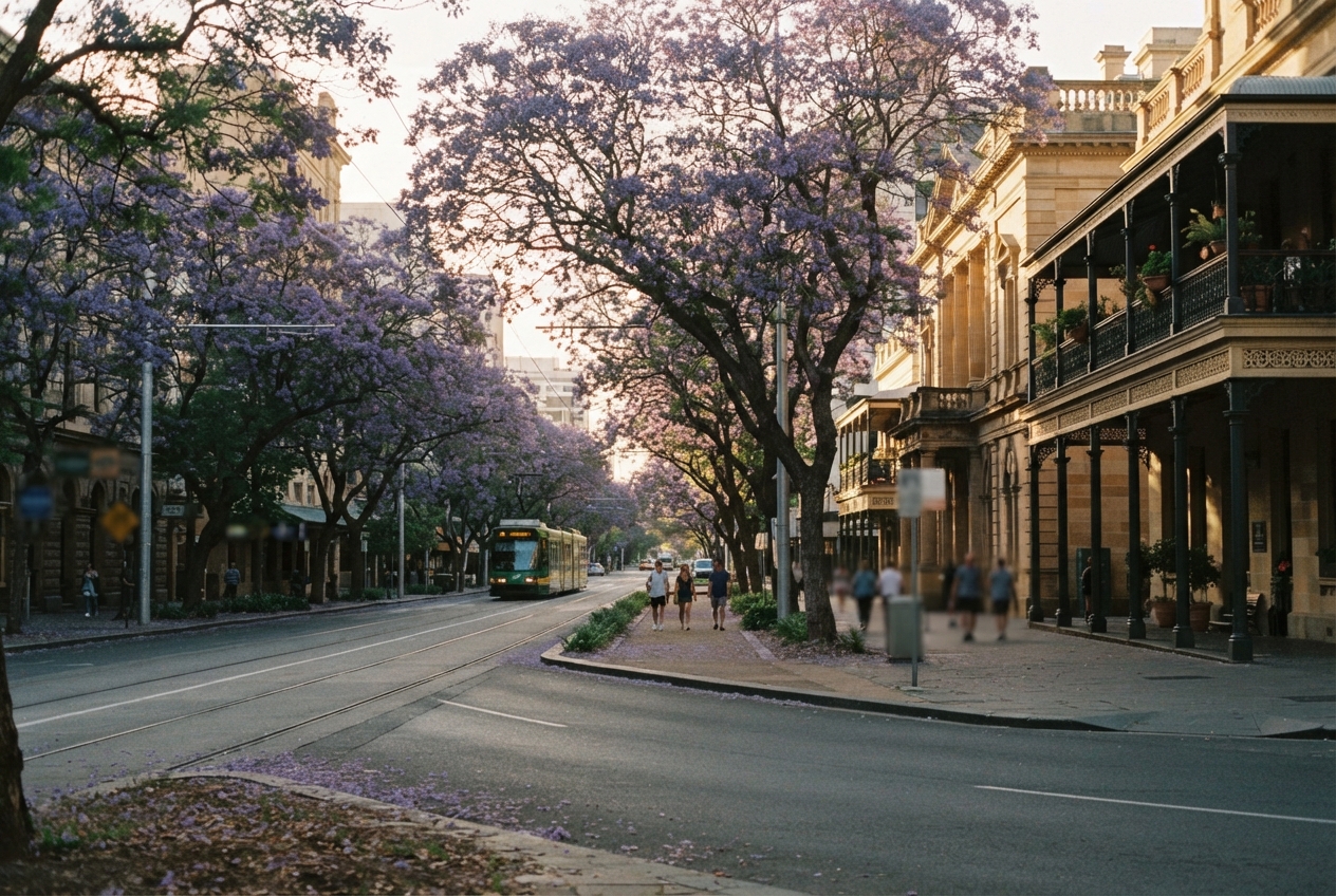 Jacaranda-lined city street with tram tracks, an approaching green tram, pedestrians, and ornate historic buildings.