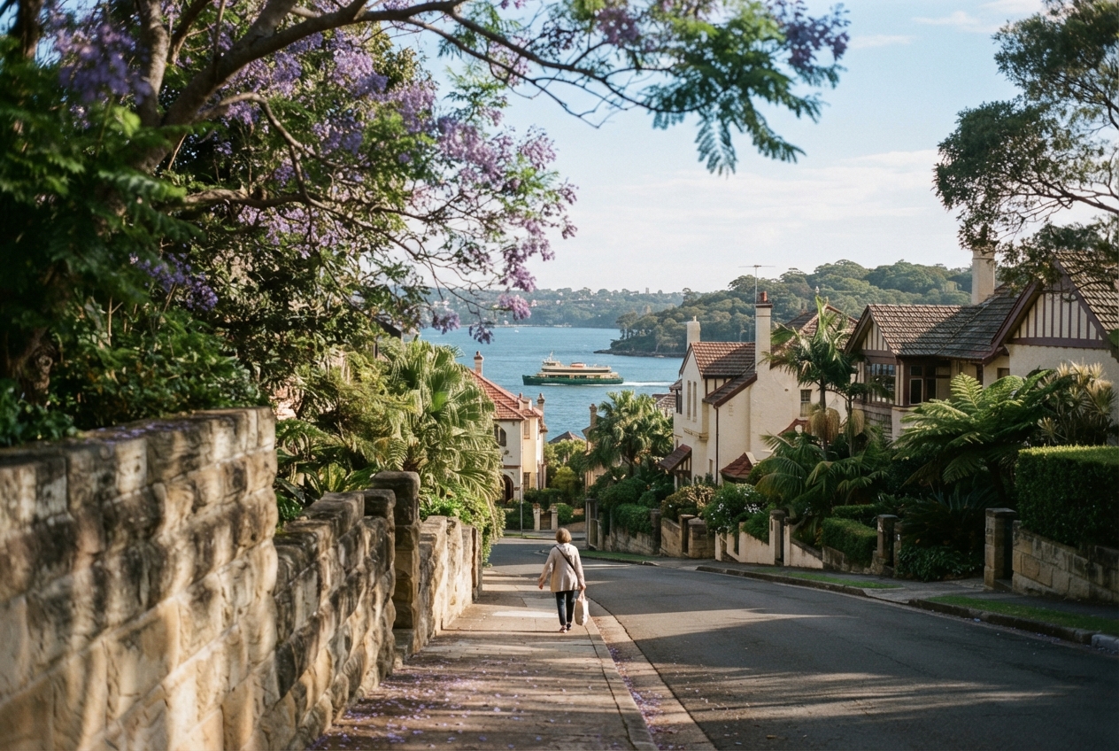 Sunlit residential street descending toward a blue harbor, with flowering trees, hillside homes, and a pedestrian.