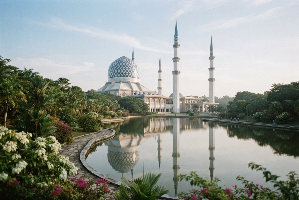 White mosque with a patterned blue dome and four minarets reflected in a landscaped pond.
