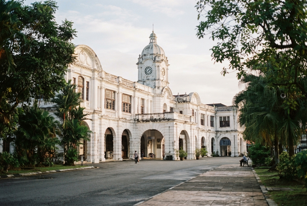 White ornate colonial building with a domed clock tower, arches, tropical trees, roadway, and pedestrians.