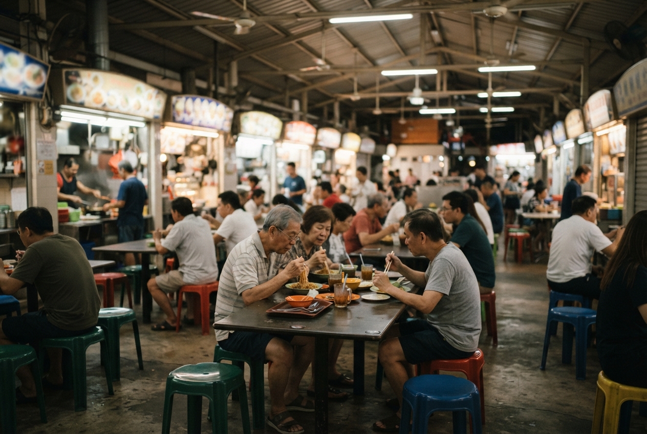 Crowded indoor food court with diners eating at tables between brightly lit food stalls.