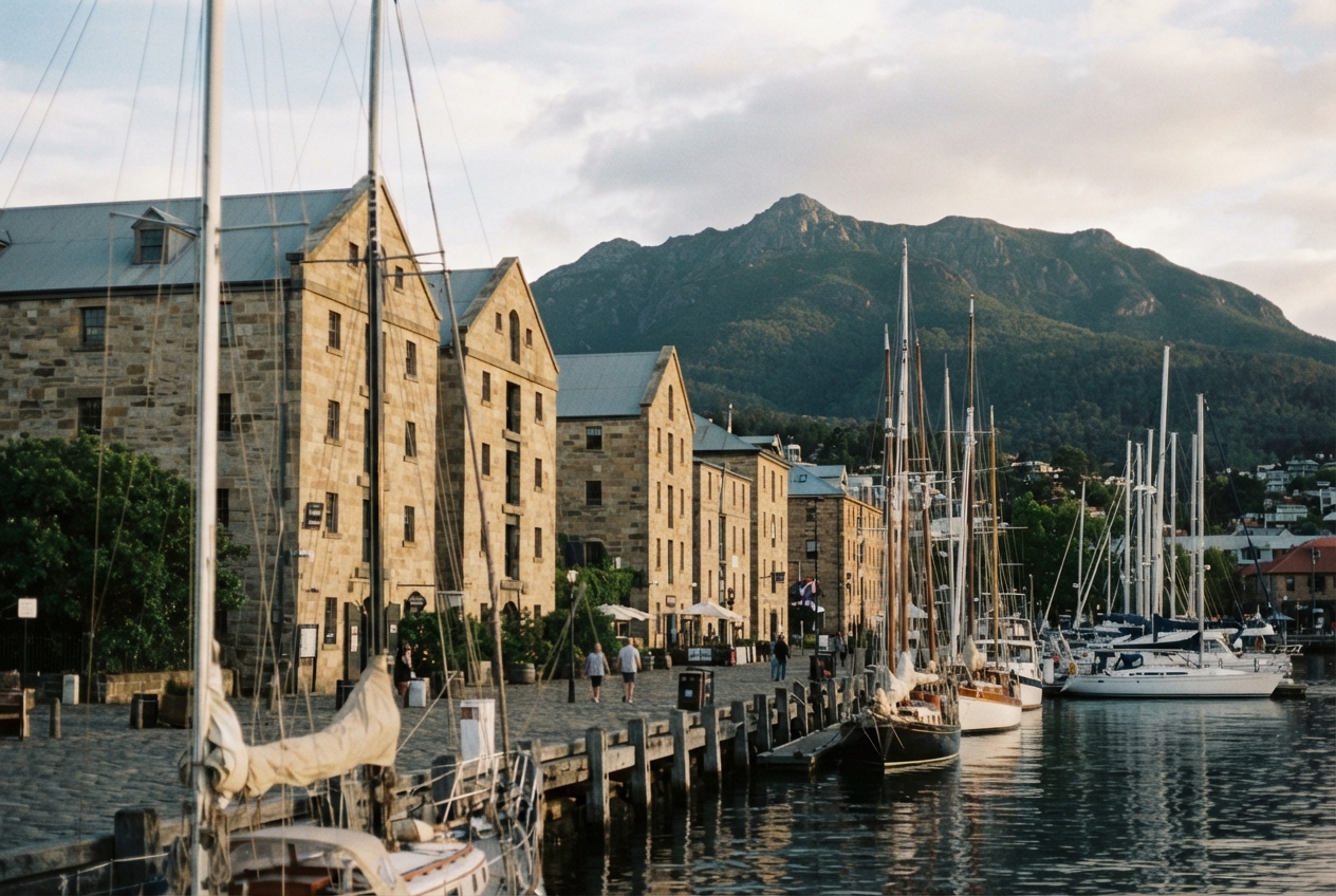 Historic stone waterfront buildings and sailboats line a marina beneath a rugged forested mountain.
