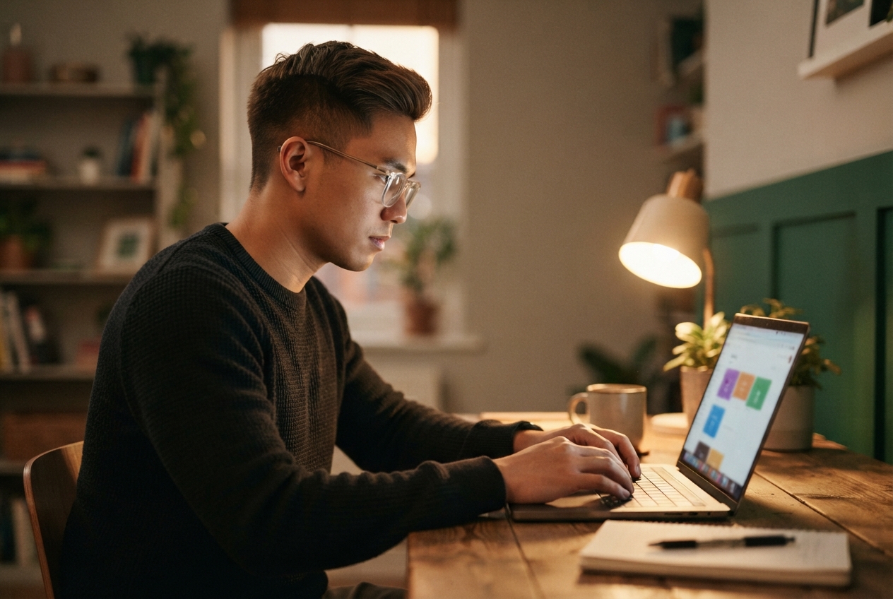 Man in glasses works on a laptop at a warmly lit wooden desk with a lamp, mug, plants, and shelves.