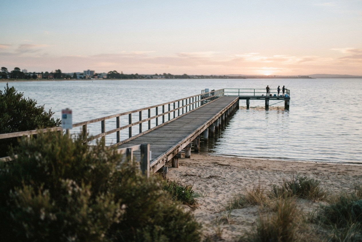 Wooden pier with green railings extends over calm water toward three people at sunset.