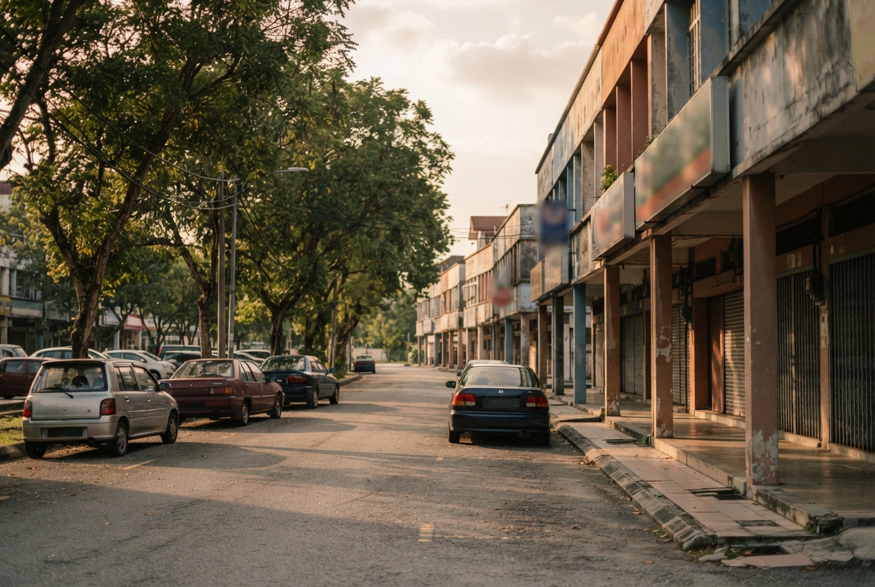 Tree-lined urban street with parked cars and weathered low-rise storefronts in warm afternoon light.