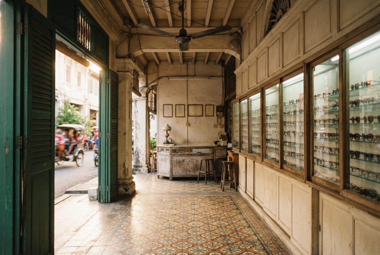 Vintage eyeglasses shop interior with green shutters, patterned tile floor, glass display cabinets, and a street outside.