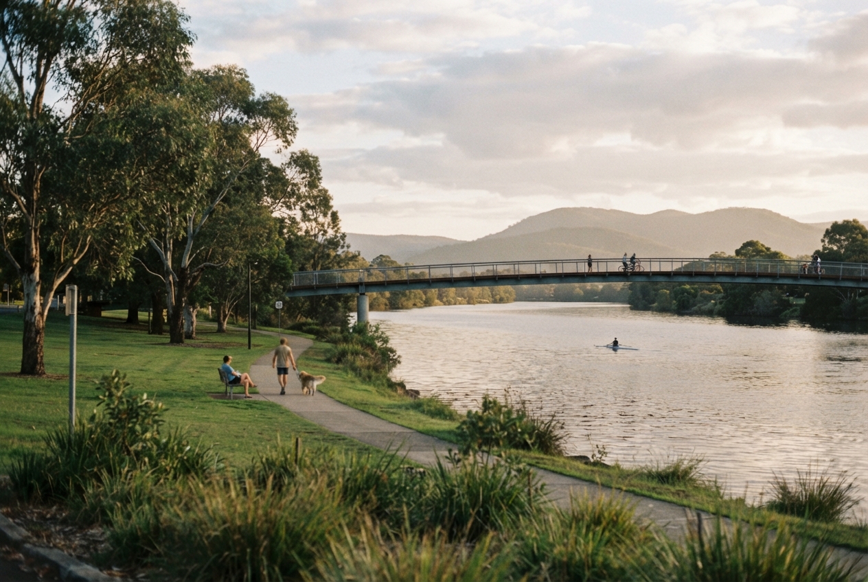 Riverside park with a curving path, people and dog, pedestrian bridge, kayaker, trees, and distant hills.