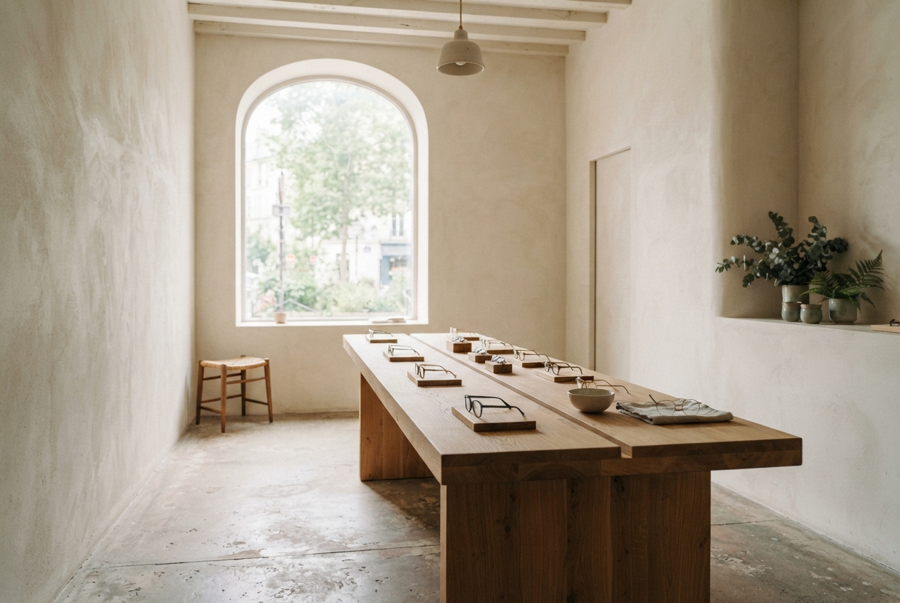 Minimalist eyewear showroom with glasses arranged on a long wooden table, plants on a wall shelf, and an arched window.