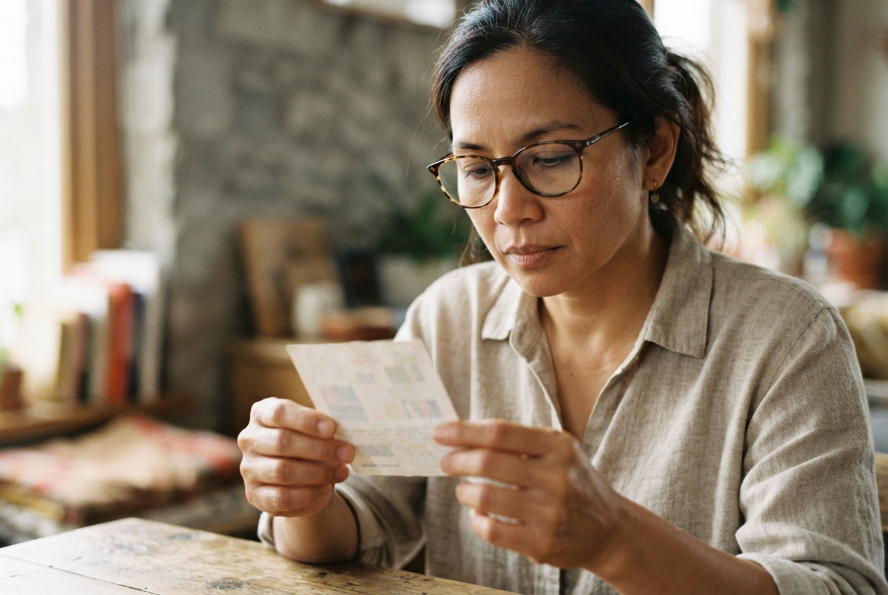 Woman in glasses studies a small paper at a wooden table in a warmly lit room.