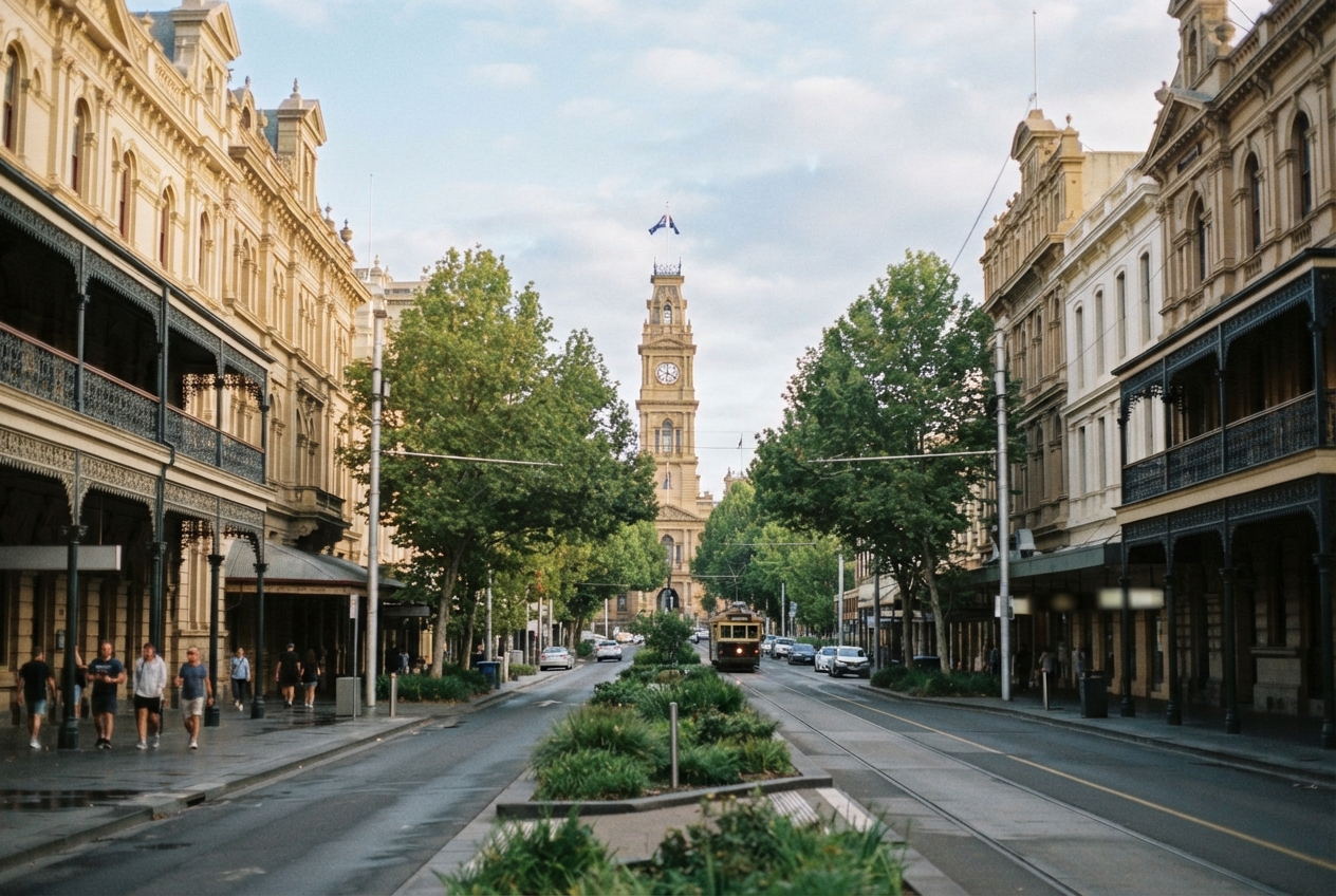 Historic city avenue with tram tracks, a landscaped median, ornate buildings, pedestrians, and a clock tower.