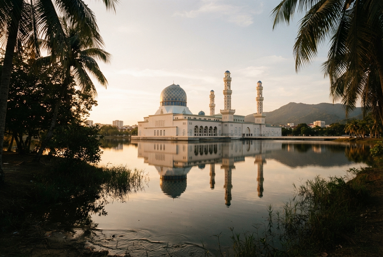White mosque with blue domes reflected in a calm lake, framed by palms and backed by a mountain.