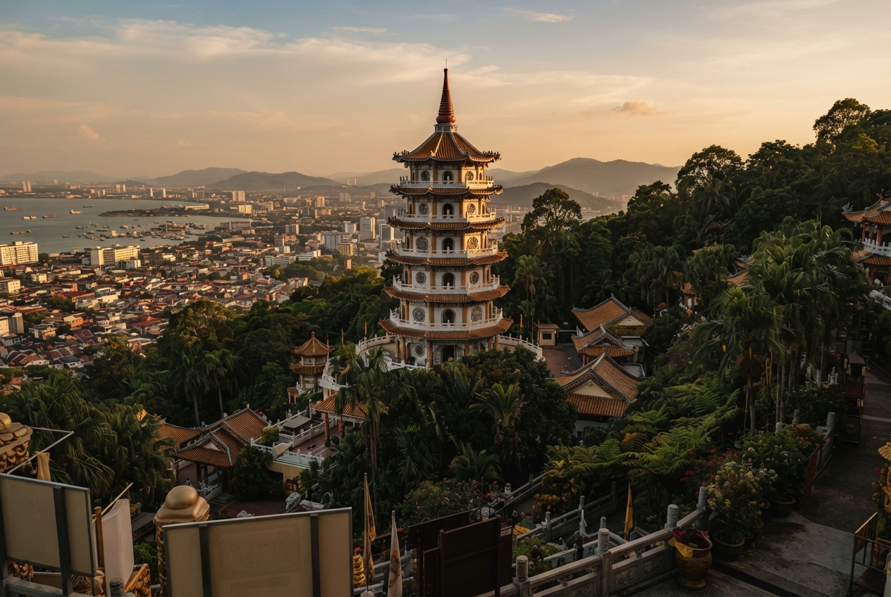 Ornate multi-tiered pagoda overlooking a tropical hillside temple, coastal city, bay, and mountains at sunset.