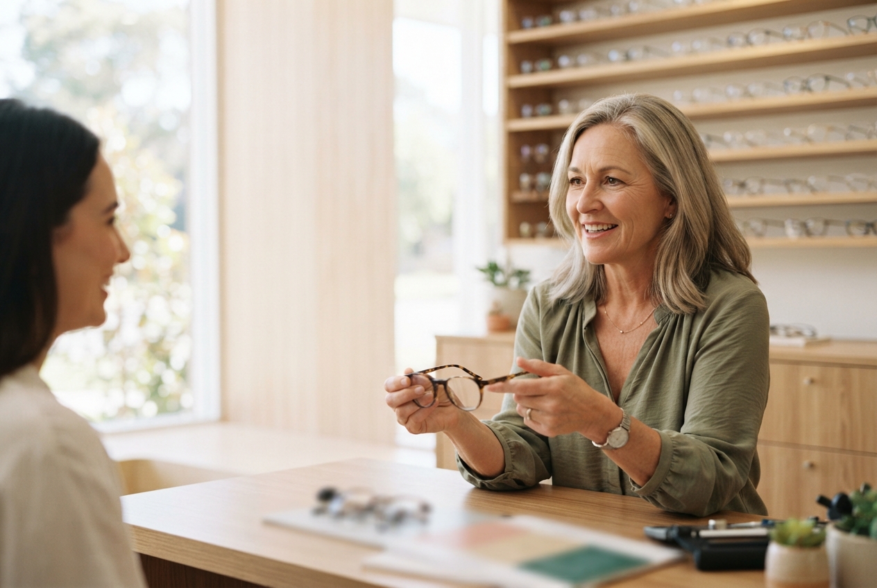 Woman presents tortoiseshell eyeglasses to a customer across a table in an optical shop.