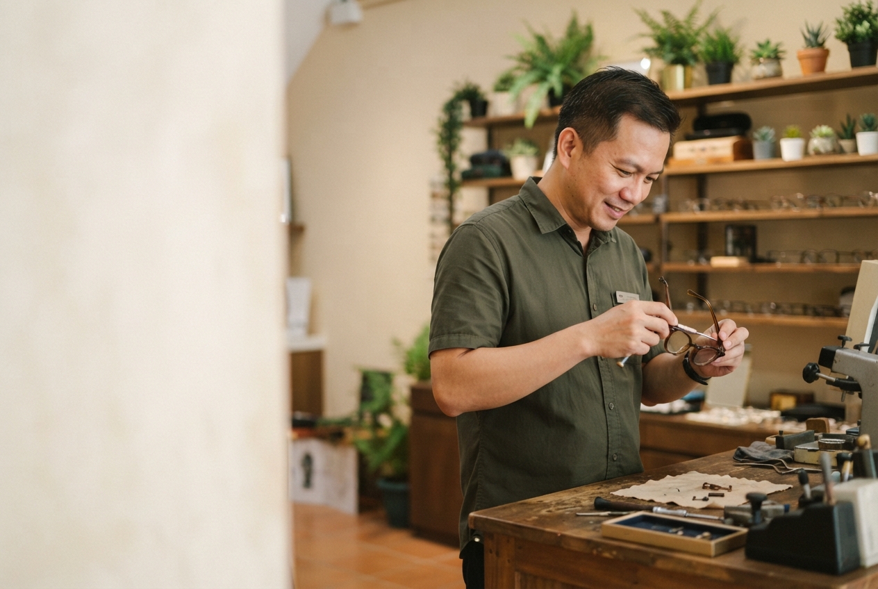 Eyewear technician examines eyeglasses at a cluttered wooden workbench in a plant-filled optical shop.