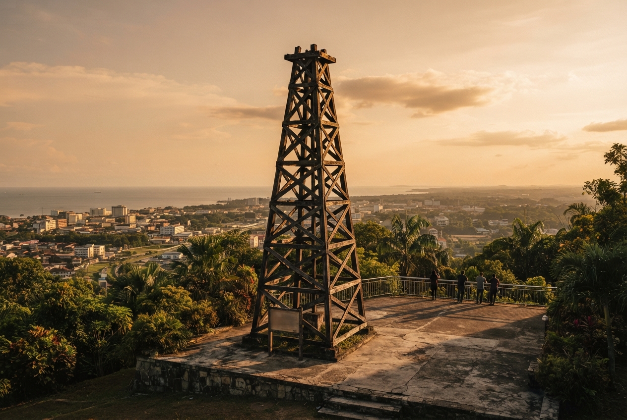 Weathered lattice tower overlooking a tropical coastal city and sea at sunset.