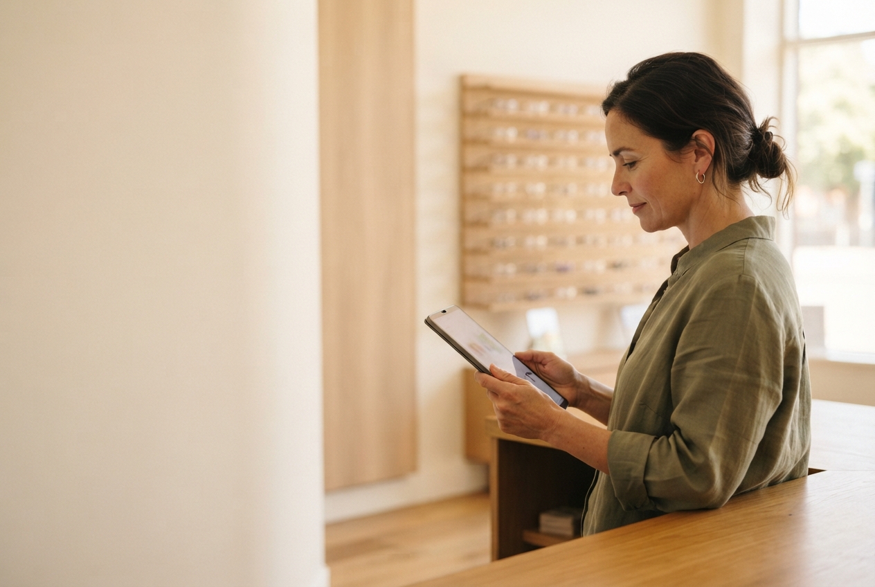 Woman in an olive shirt reads a tablet behind a wooden counter in a warmly lit interior.