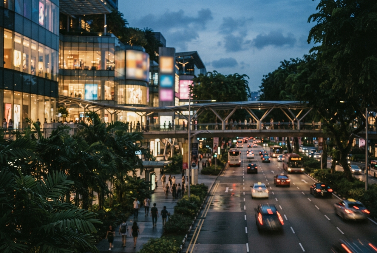 Busy tropical shopping district at dusk with illuminated buildings, a covered pedestrian bridge, and multilane traffic.