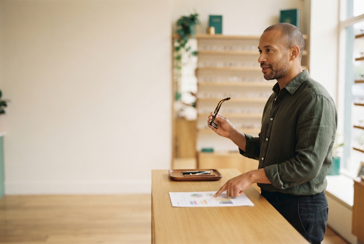 Man holding eyeglasses and pointing to a paper at a wooden counter in an eyewear shop.