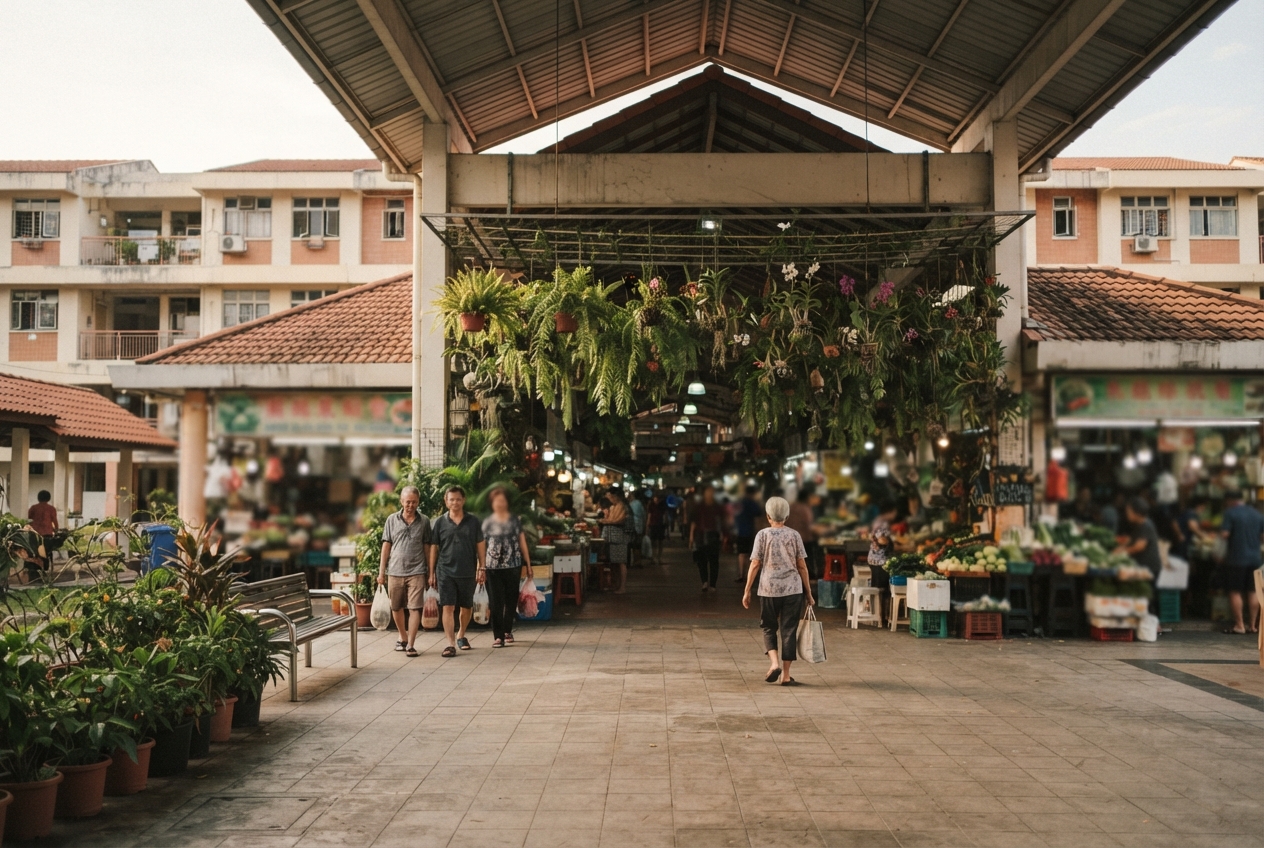Covered neighborhood market entrance with hanging plants, produce stalls, shoppers, and surrounding tiled-roof buildings.