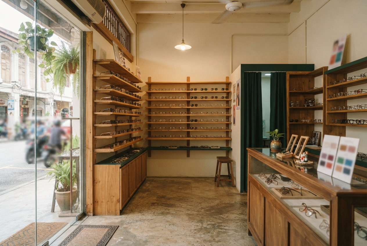 Warm wooden eyeglasses shop interior with frame displays, glass counters, plants, and a curtained fitting area.