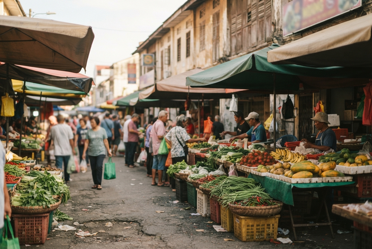 Crowded open-air market street with produce stalls, shoppers, vendors, and colorful awnings.