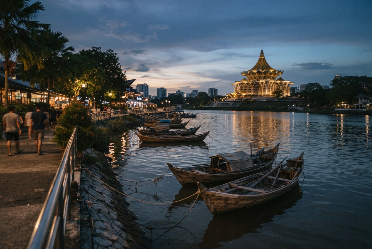 Dusk view of a riverside promenade, moored wooden boats, and an illuminated ornate building across the water.