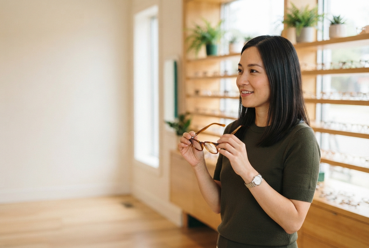 Woman examining brown eyeglasses in a warmly lit optical shop with wooden shelves.