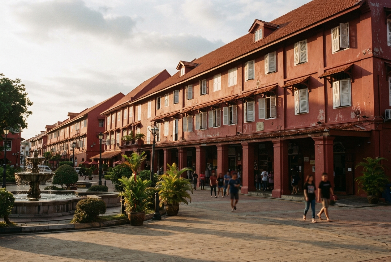 Red colonial buildings with shuttered windows surround a paved plaza with a fountain, plants, lamps, and pedestrians.