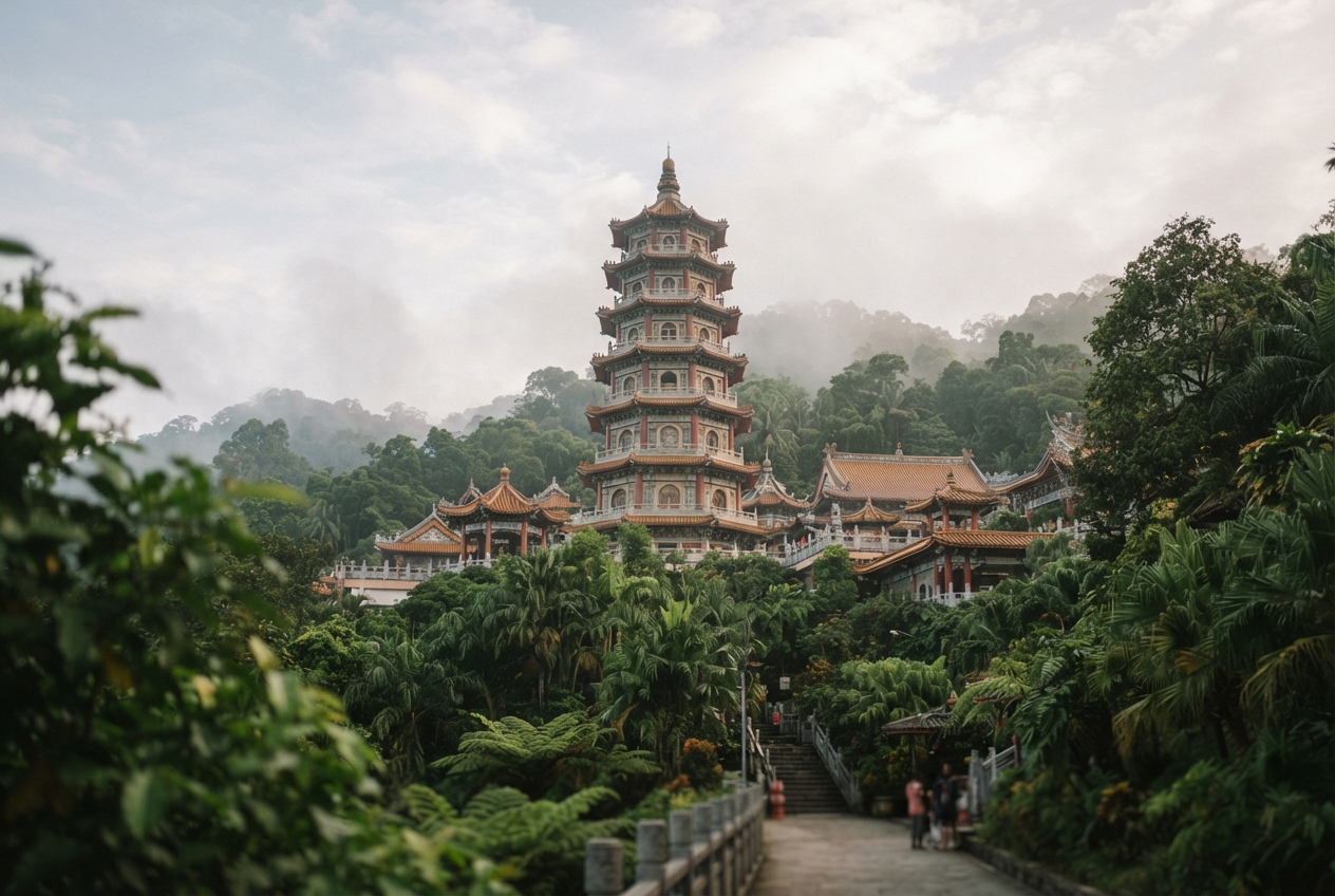 Ornate multi-tiered pagoda temple surrounded by misty hills, tropical foliage, and a garden walkway.