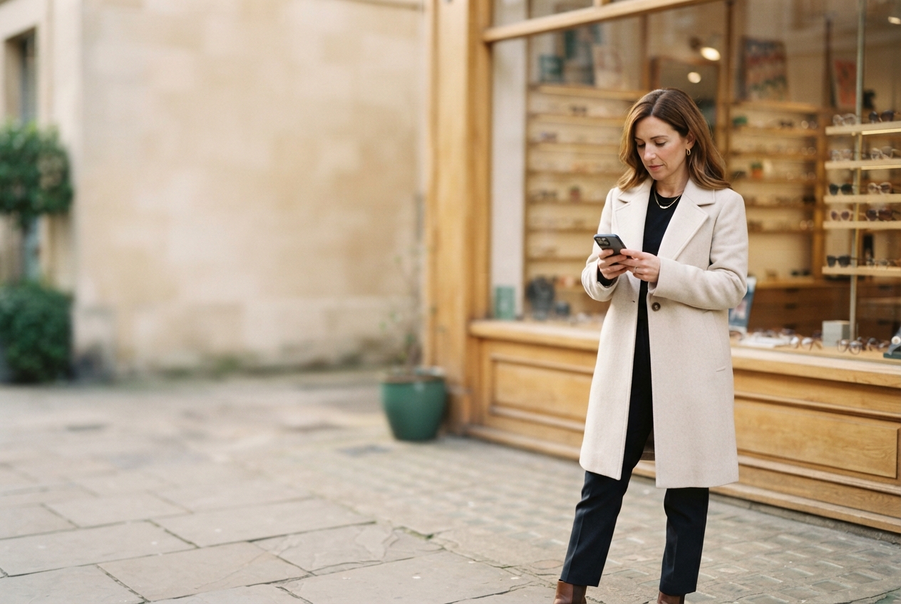 Woman in a beige coat uses a smartphone outside a warmly lit shop displaying rows of eyewear.