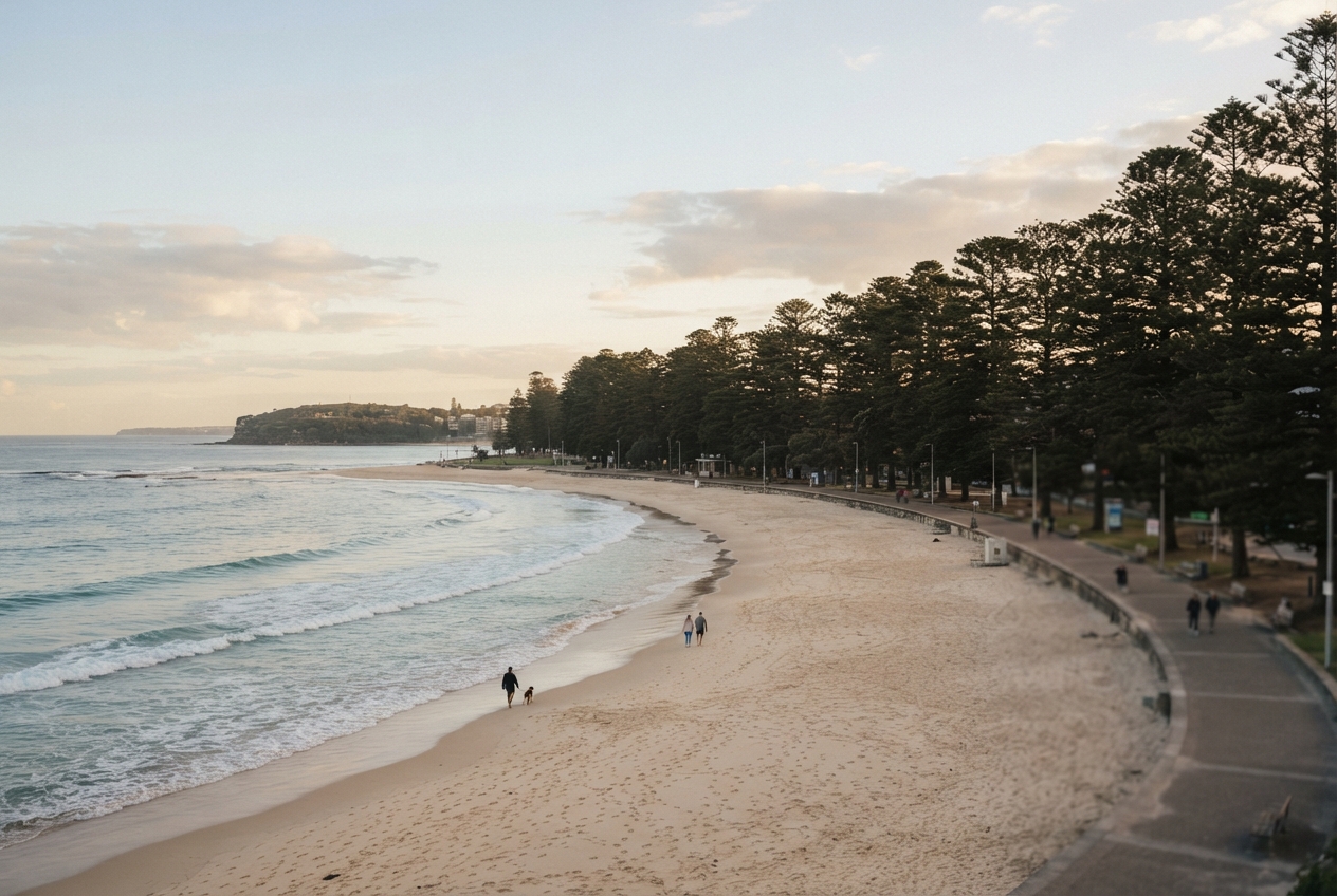 Curving sandy beach with gentle waves, a tree-lined promenade, walkers, and a distant headland.