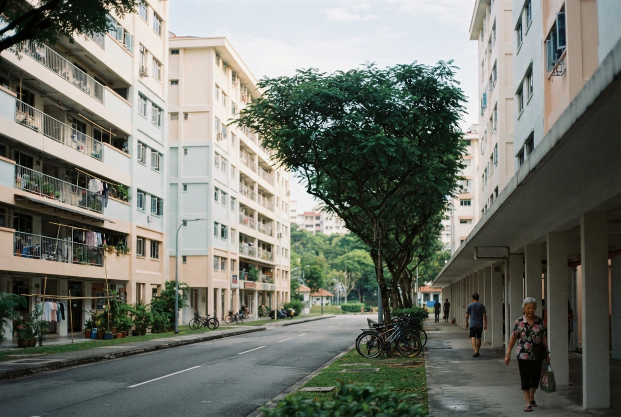 Quiet residential street with apartment blocks, bicycles, leafy trees, and pedestrians under a covered walkway.