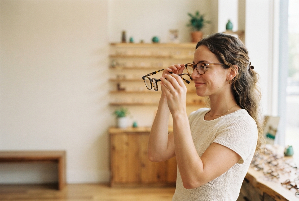 Woman in a bright room holds tortoiseshell eyeglasses near her face, with wooden shelves and plants behind her.
