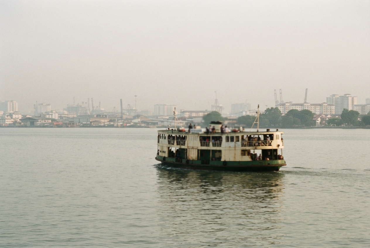 Two-level green-and-cream passenger ferry crossing hazy water in front of an industrial city skyline.